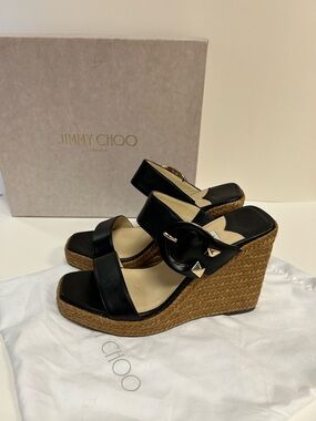 Jimmy Choo Black Leather Espadrille Wedge Sandals with Studded Buckle